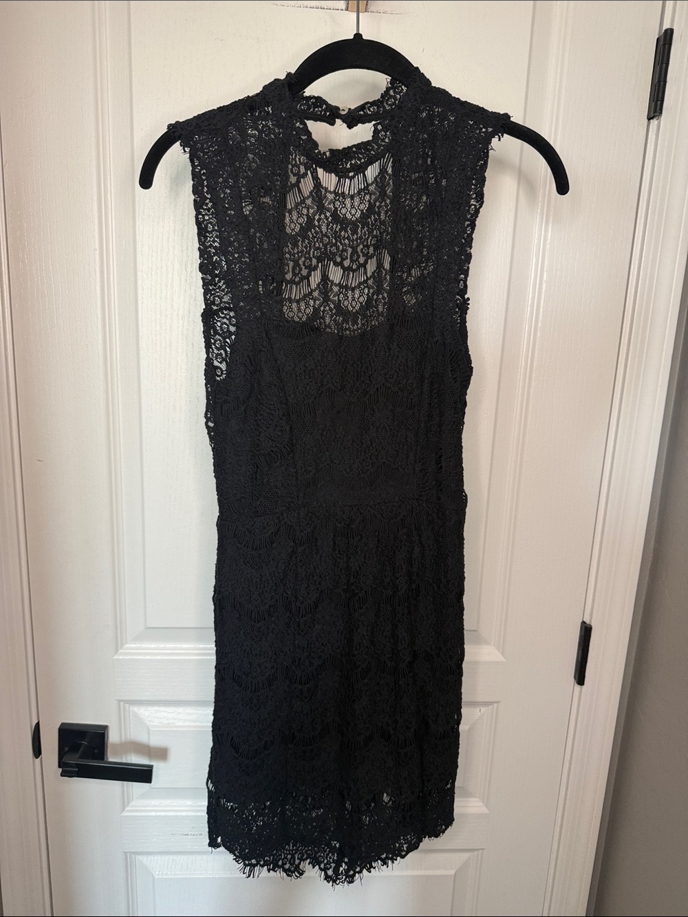 Sleeveless Black Lace Mini Dress with High Neck